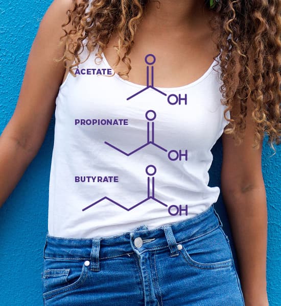 Cropped in photo of woman with illustrations of short chain fatty acid molecular structures overlaid on top of her