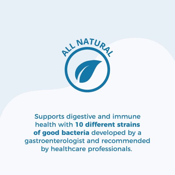 blue circle icon with a leaf in the center. TEXT: Supports digestive and immune health with 10 different strains of good bacteria developed by a gastroenterologist and recommended by healthcare professionals.