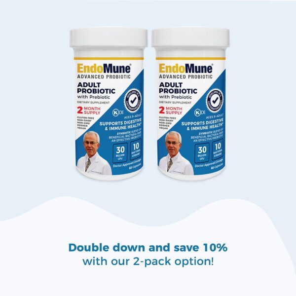 two EndoMune pill bottles side by side. TEXT: Double down and save 10% with our 2-pack option!