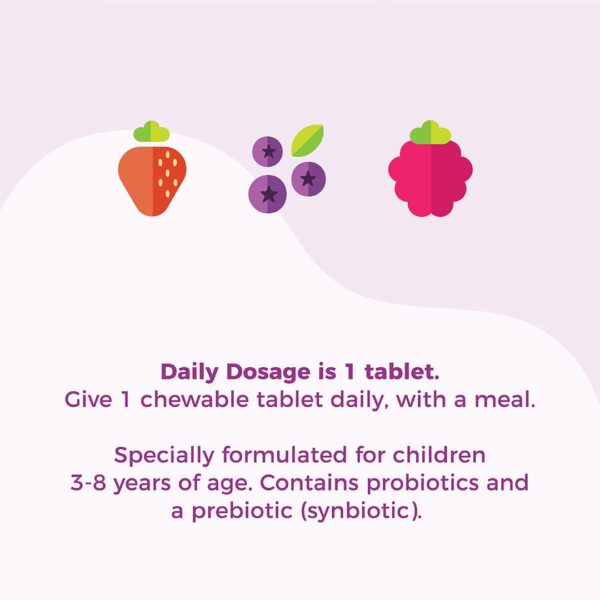 Illustrations of friut, strawberry, grapes, and raspberries over a two-tone violet abstract curved shape. TEXT: Daily Dosage is 1 tablet. Give 1 chewable tablet daily, with a meal. Specially formulated for children 3-8 years of age. Contains probiotics and a prebiotic (synbiotic).