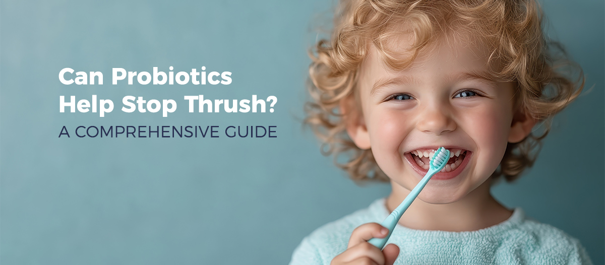 Young child with curly hair smiling and holding a light blue toothbrush, promoting oral health and probiotics in a guide on preventing thrush.