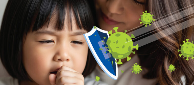 Cold season defense, girl with a cough, endomune probiotics helping fight germs.