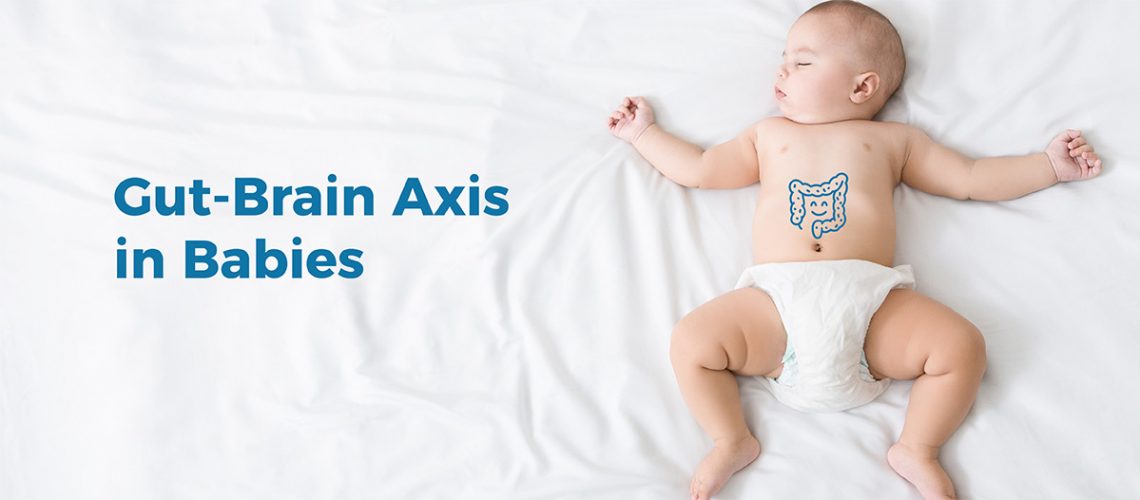 Baby lying on its back with an graphic of a digestive system over its body. Text reads "Gut-Brain Axis in Babies